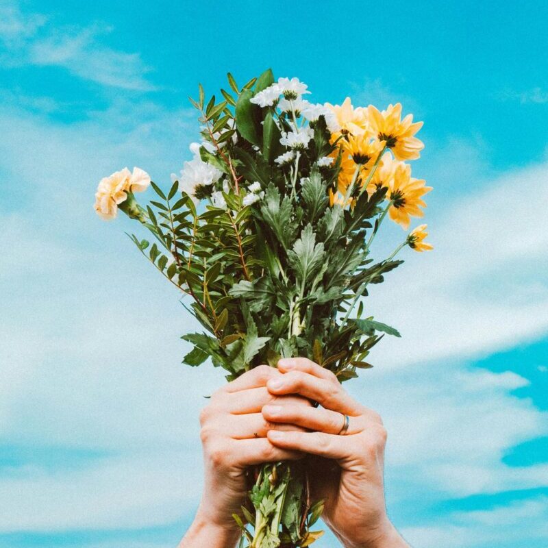 Hands holding a colorful flower bouquet beneath a vivid spring sky, symbolizing renewal.